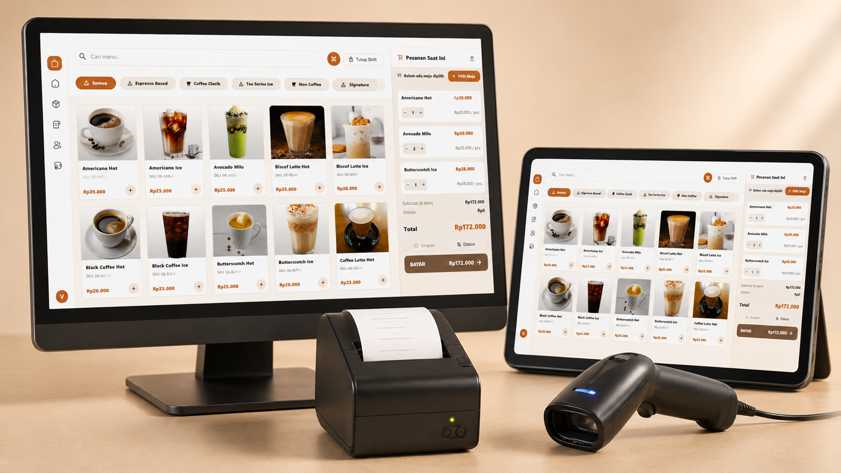 ASA POS berjalan di monitor dan tablet, lengkap dengan printer struk thermal dan barcode scanner